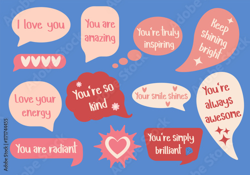 set of speech bubbles with compliment phrases, perfect for website banners, sales promotions, Valentine's cards, covers, flyers, or posters