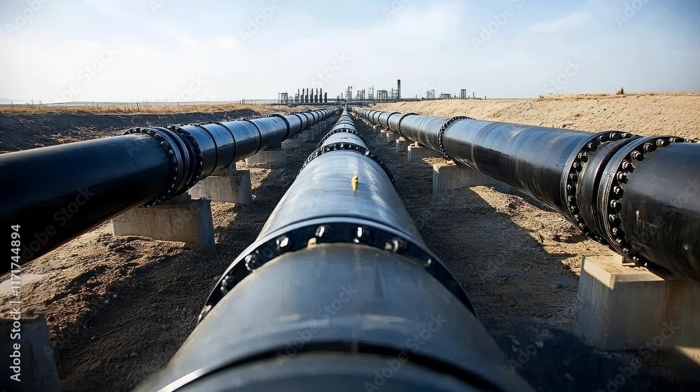 Large industrial pipes converging, desert landscape. Large industrial pipes converging, desert landscape.