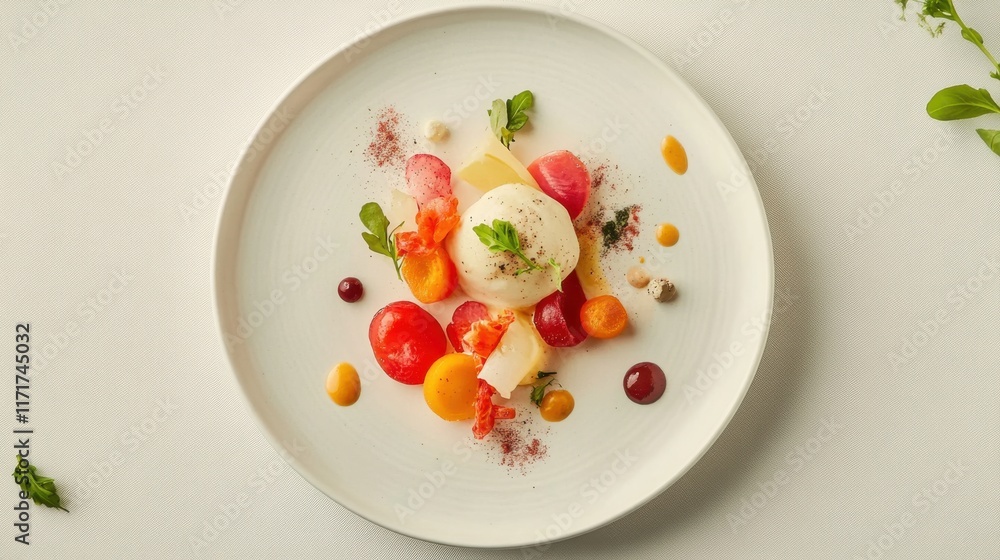 Artisanal creation on minimalist plate with vibrant palette and taupe background Artisanal creation on minimalist plate with vibrant palette and taupe background