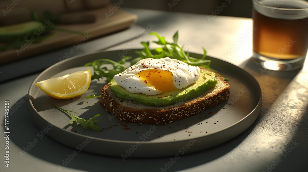 grzanka, awokado, jajko, poached egg, prostota, minimalistyczne tło, całe ziarno, chleb razowy, sól morska, chili flakes, pieprz czarny, rukola, cytryna, świeże składniki, casual, zdrowe jedzenie, nat