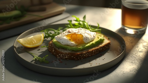 Obraz na płótnie grzanka, awokado, jajko, poached egg, prostota, minimalistyczne tło, całe ziarno, chleb razowy, sól morska, chili flakes, pieprz czarny, rukola, cytryna, świeże składniki, casual, zdrowe jedzenie, nat w salonie