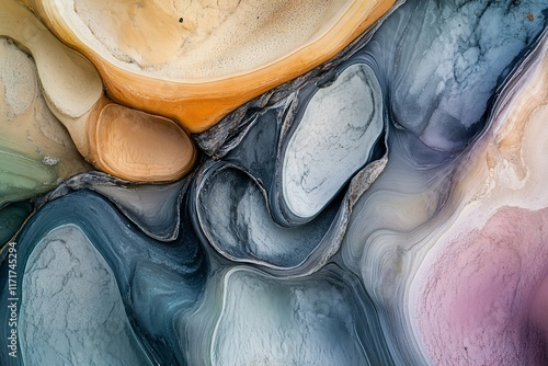 Abstract aerial view of colorful swirling patterns resembling geological formations or fluid dynamics. photo