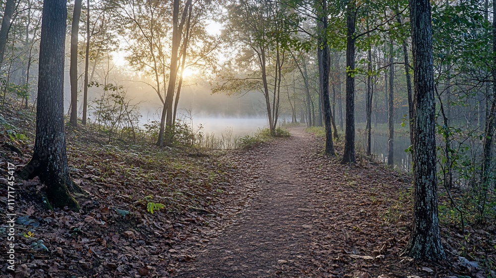 Misty sunrise path through autumnal forest beside calm lake. Misty sunrise path through autumnal forest beside calm lake.
