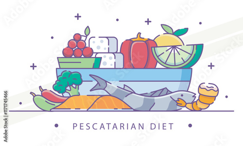 Illustration related to the pescatarian diet including fish and seafood