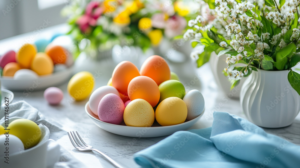 Colorful Easter eggs on table with flowers and napkins Colorful Easter eggs on table with flowers and napkins