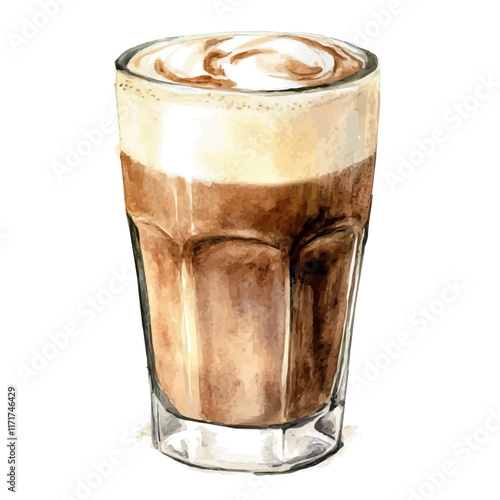 A watercolor vector painting of a cup of soy milk latte, isolated on a white background. Soy Milk Latte vector.

