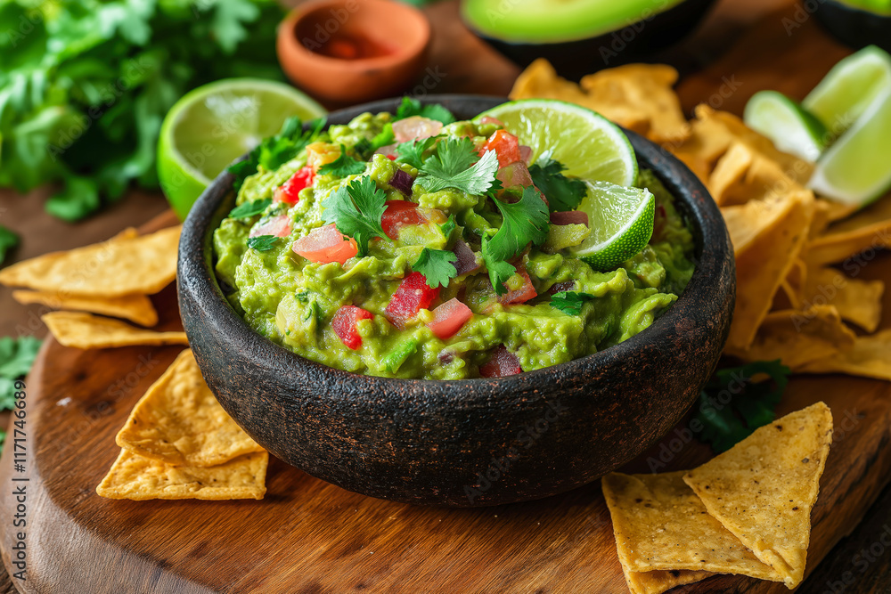 Fresh homemade guacamole with lime and tortilla chips on wooden table. Fresh homemade guacamole with lime and tortilla chips on wooden table.