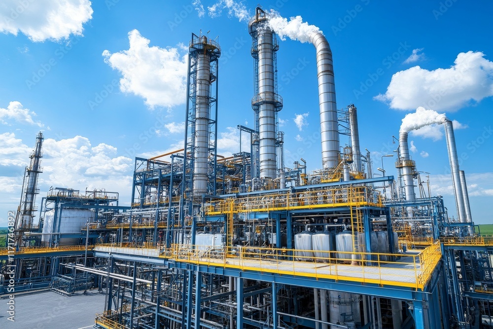 Industrial complex, tall towers, blue sky, white clouds. Industrial complex, tall towers, blue sky, white clouds.