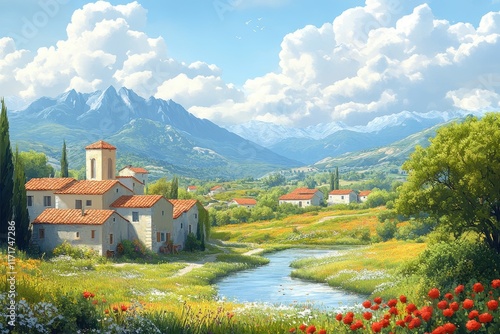 Picturesque Village Landscape with Majestic Mountains, Lush Greenery, and Blooming Wildflowers Under a Bright Blue Sky and Gentle White Clouds