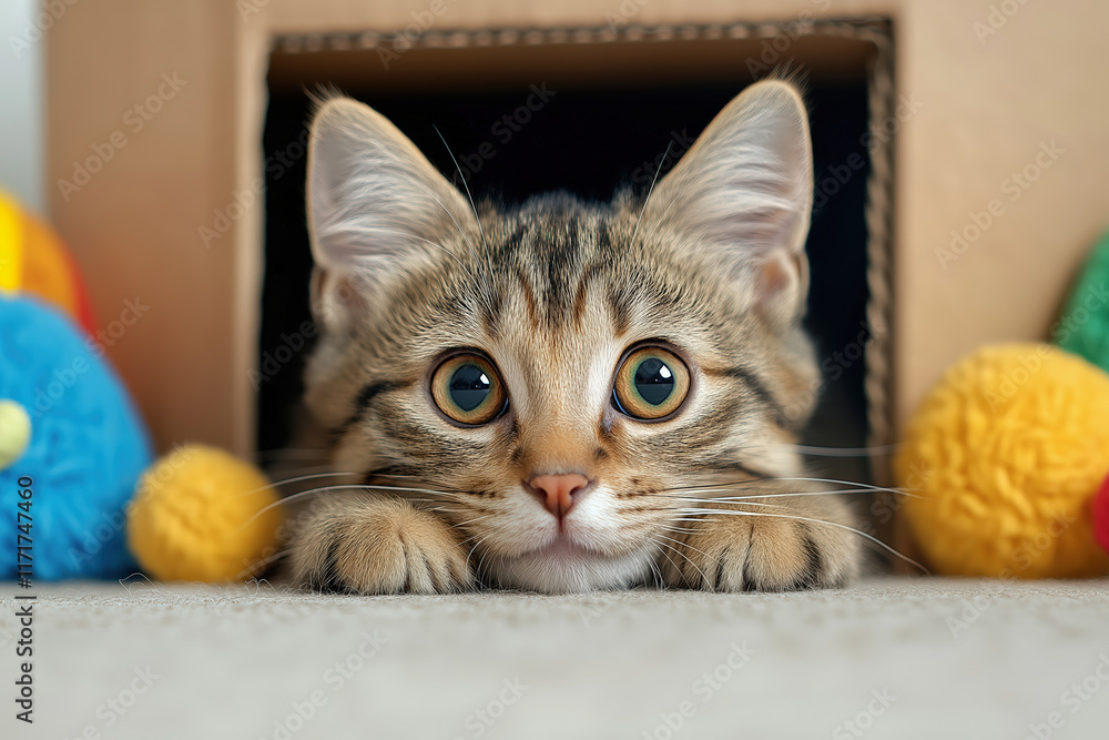 Cute tabby kitten playing in cardboard box with colorful toys. Cute tabby kitten playing in cardboard box with colorful toys.