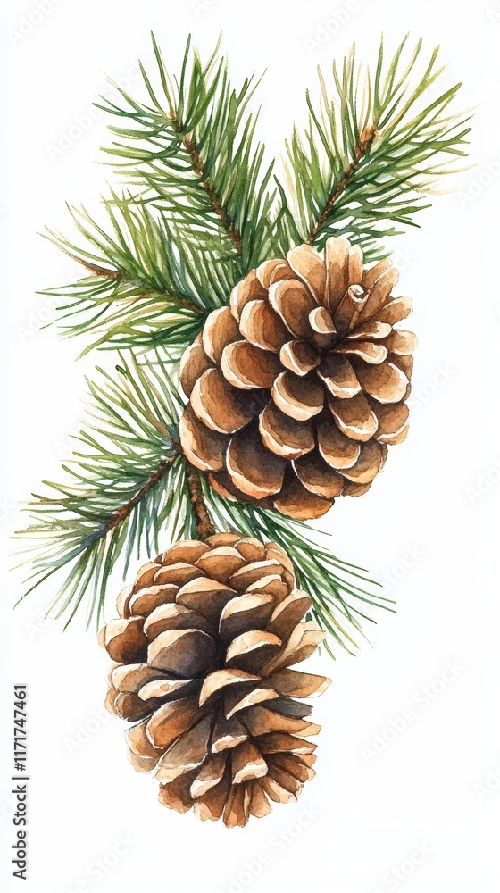 Watercolor Botanical Drawing of Pine Cones from Fir Branches, isolated on white, for use in greeting cards, gift wraps, or natural themed designs Watercolor Botanical Drawing of Pine Cones from Fir Branches, isolated on white, for use in greeting cards, gift wraps, or natural themed designs