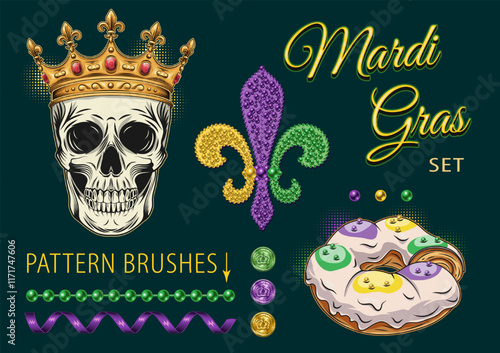Pack of design elements for Mardi Gras festival with human skull in crown, beaded fleur de lis symbol, coins, beads, king cake, streamer ribbon, inscription Mardi Gras on dark background. Clip art.