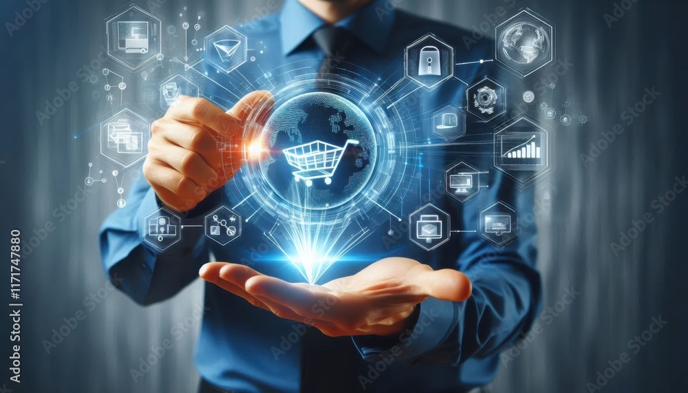 Digital business interface, holographic shopping cart icon, data analytics charts, glowing light in hands, businessman in blue shirt, futuristic technology, e-commerce concept, dark office background, Digital business interface, holographic shopping cart icon, data analytics charts, glowing light in hands, businessman in blue shirt, futuristic technology, e-commerce concept, dark office background,