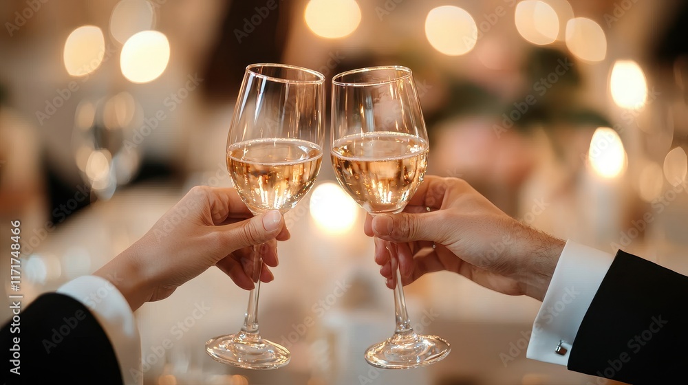 Two people clink glasses of sparkling wine, celebrating a special moment with a warm and festive atmosphere in the background. Two people clink glasses of sparkling wine, celebrating a special moment with a warm and festive atmosphere in the background.