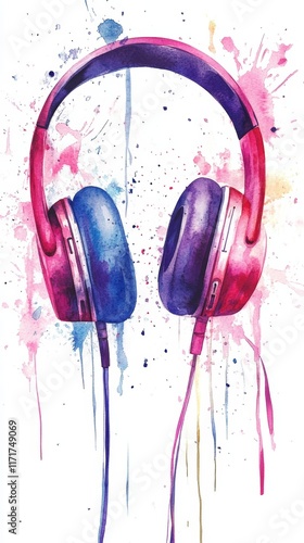 Detailed Watercolor Illustration of Earphones on White Background, perfect for music and audio related designs photo