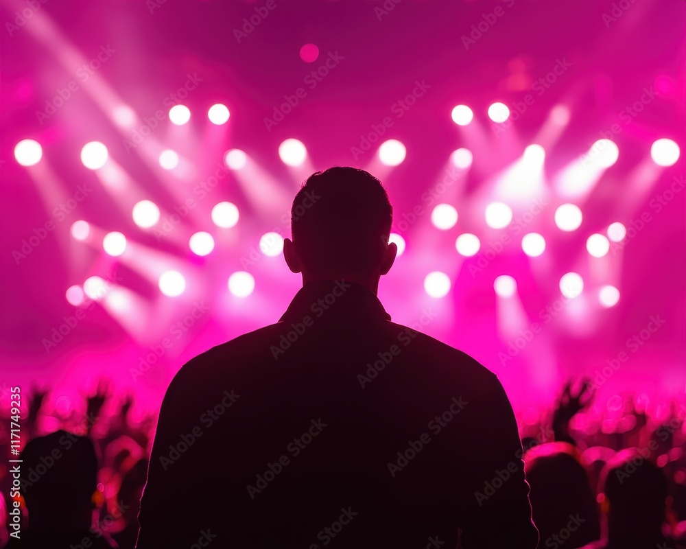 A silhouette of a person stands before a vibrant, colorful concert stage, surrounded by an enthusiastic crowd and bright pink lights. A silhouette of a person stands before a vibrant, colorful concert stage, surrounded by an enthusiastic crowd and bright pink lights.