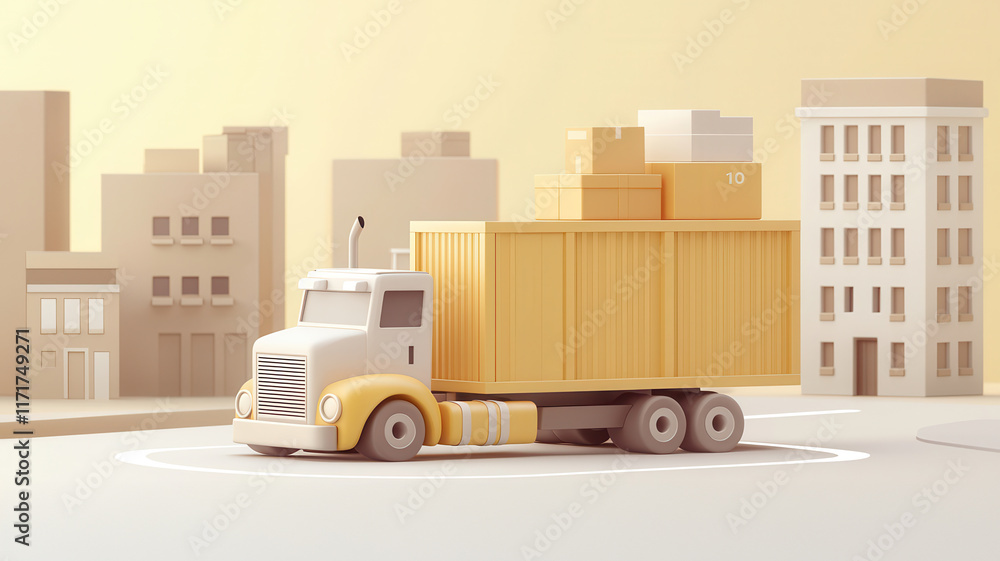 A stylized truck with a yellow container is parked on a city street surrounded by simple buildings, creating a modern urban scene. A stylized truck with a yellow container is parked on a city street surrounded by simple buildings, creating a modern urban scene.
