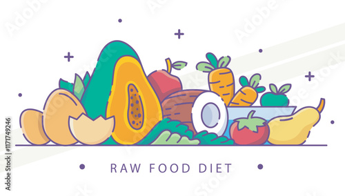 Illustration related to the raw food diet including raw fruits and vegetables