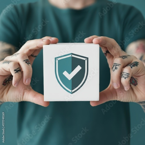 hands holding small white cube, shield icon with checkmark, teal background, minimalist design, healthcare concept, protection symbol, security emblem, soft lighting, clean aesthetic, medical insuranc photo