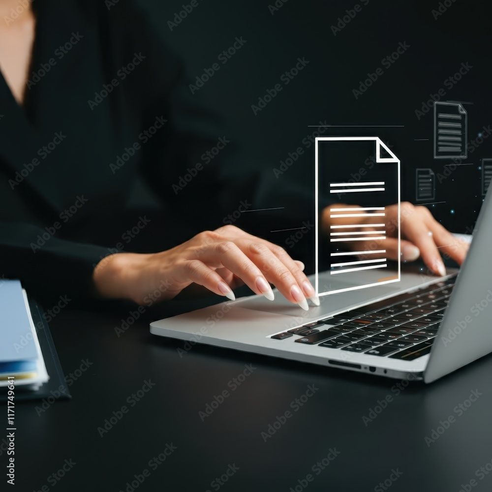 Hands typing on laptop keyboard, holographic cloud computing icons floating above, dark office setting, futuristic technology concept, blue glowing digital symbols, cybersecurity visualization, close- Hands typing on laptop keyboard, holographic cloud computing icons floating above, dark office setting, futuristic technology concept, blue glowing digital symbols, cybersecurity visualization, close-