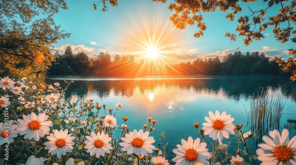 Obraz premium colorful wildflowers in bloom, mirror in a tranquil lake under a sunny sky, a scenic setting with space for text