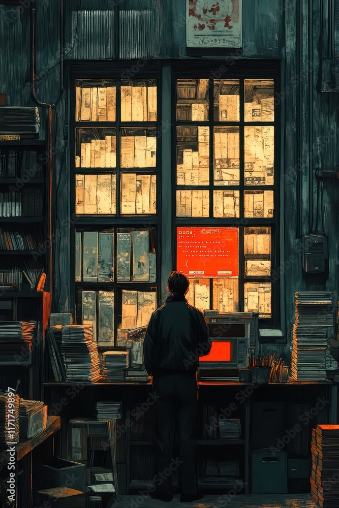 Man Standing in a Dimly Lit Library or Archive Surrounded by Books and Documents, Engaging with a Brightly Lit Computer Screen that Illuminates the Room Man Standing in a Dimly Lit Library or Archive Surrounded by Books and Documents, Engaging with a Brightly Lit Computer Screen that Illuminates the Room
