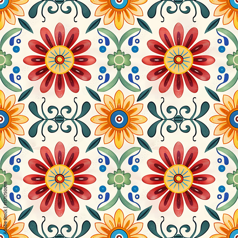Vibrant Floral Repeating Pattern with Geometric Motifs Vibrant Floral Repeating Pattern with Geometric Motifs