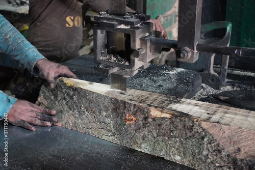 Wallpaper Mural Carpenter is cut off the timber piece in saw machine by pushing with his hands Torontodigital.ca