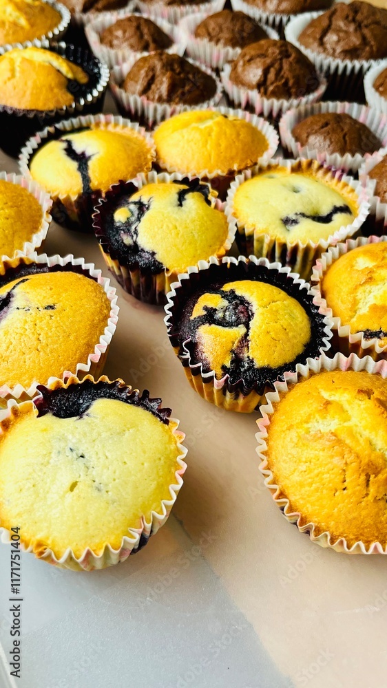 lots of muffins in paper cups, chocolate and with berries, gluten free, stand on a plastic tray. side view lots of muffins in paper cups, chocolate and with berries, gluten free, stand on a plastic tray. side view