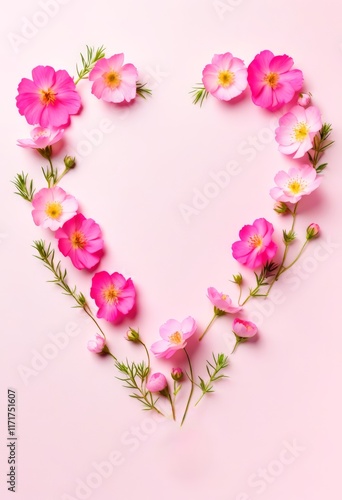 Ein Herz aus rosa Blüten und grünen Blättern auf rosa Hintergrund. Romantisches, natürliches Design, ideal für Valentinstag, Hochzeit oder Grußkarten. Generative KI.
