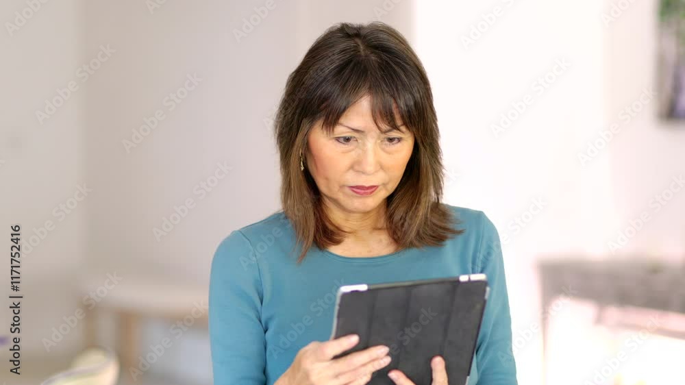 Woman relaxing reading email on mobile tablet standing indoors headshot bokeh Woman relaxing reading email on mobile tablet standing indoors headshot bokeh