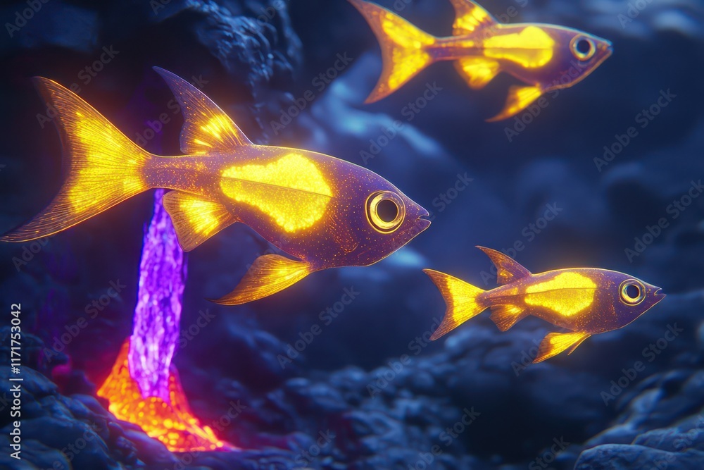 Naklejka premium Angular fish with glowing, arrow-shaped bodies and fins in shades of citrine yellow and amethyst purple, swimming near a volcanic vent.