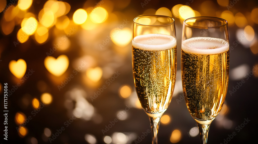 Two champagne glasses filled with sparkling wine sit side by side against warm, golden heart-shaped bokeh lights, enhancing a romantic Valentine's Day vibe Two champagne glasses filled with sparkling wine sit side by side against warm, golden heart-shaped bokeh lights, enhancing a romantic Valentine's Day vibe