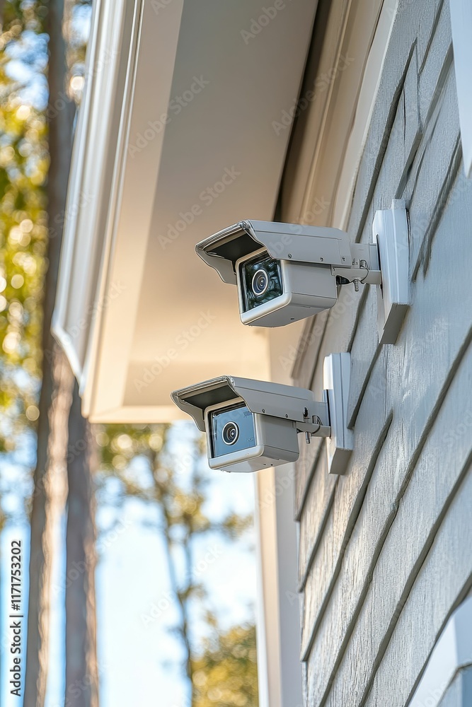 Two security cameras mounted on gray siding. Two security cameras mounted on gray siding.
