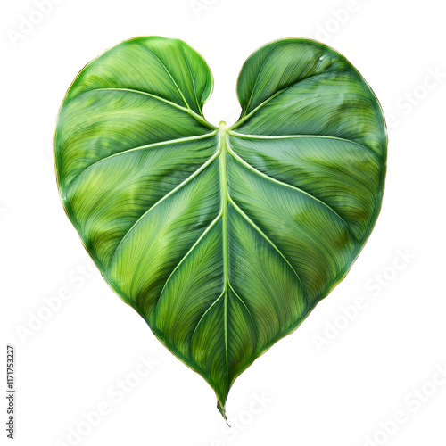 Watercolor painting of a heart-shaped tropical leaf in rich green tones, showcasing intricate veins against a white background  photo