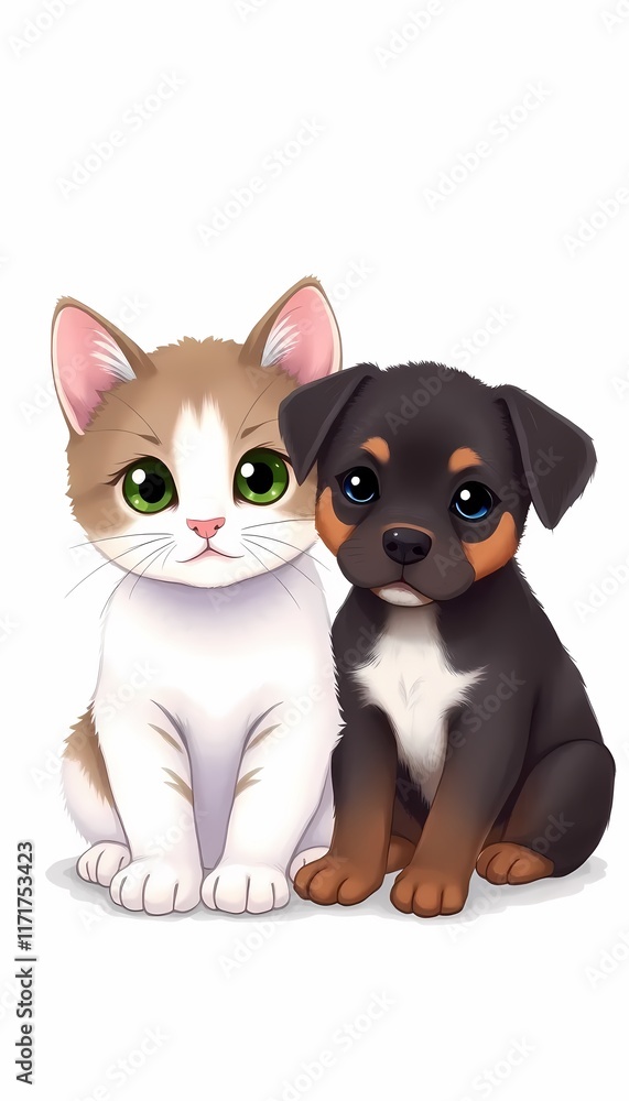 Obraz premium Cute Cat and Puppy Sitting Together