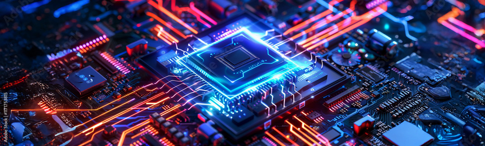 wide banner of glowing computer chip with circuits flowing in and out wide banner of glowing computer chip with circuits flowing in and out