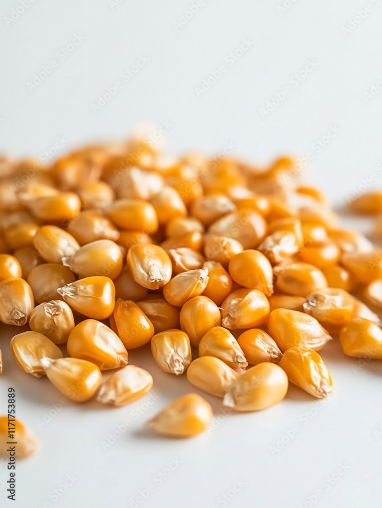 Close-up of a pile of dry yellow popcorn kernels on a white background. Close-up of a pile of dry yellow popcorn kernels on a white background.