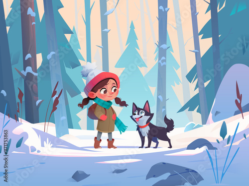 Cheerful child girl and husky dog in winter forest. Colorful snowy landscape with trees. Kid walking with pet. Childrens illustration. Pet lovers concept. Flat cartoon vector illustration
