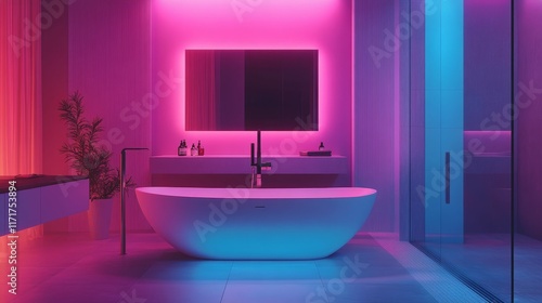 Modern bathroom, vibrant lighting, freestanding tub.