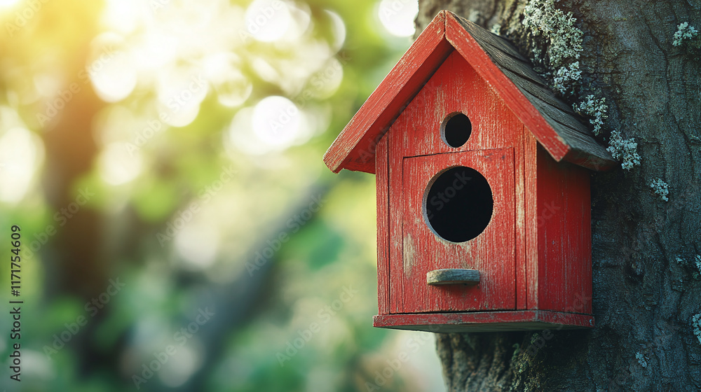 Closeup of small red wooden bird house on a tree, copy space. spring or summer park garden nature nest box home for animal, outdoor forest wildlife shelter object with roof, springtime. Closeup of small red wooden bird house on a tree, copy space. spring or summer park garden nature nest box home for animal, outdoor forest wildlife shelter object with roof, springtime.