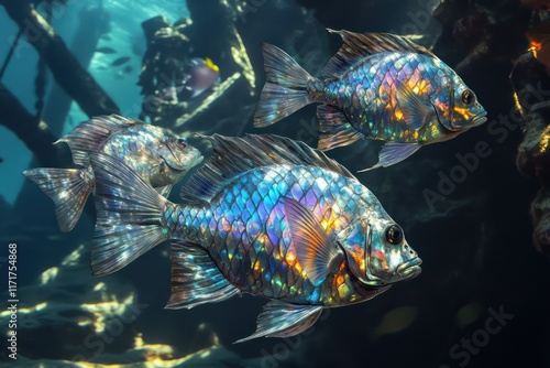 Angular fish with jagged, iridescent scales in shades of opal and topaz, their bodies reflecting sunlight as they swim near a tropical shipwreck. photo