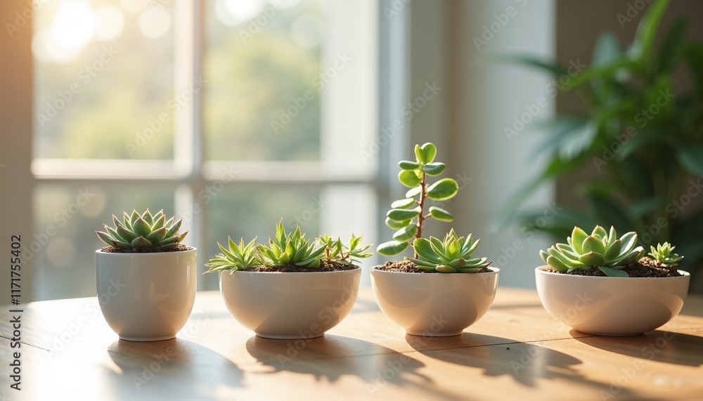 Succulent plants in white pots on a sunlit wooden table Succulent plants in white pots on a sunlit wooden table