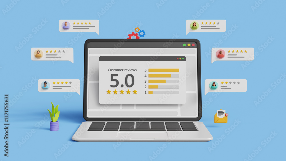 Customer feedback, user experience, client rating or review. Online survey and opinion, evaluation, product and services feedback concept. 3D laptop screen with 5 stars rating and users comments Customer feedback, user experience, client rating or review. Online survey and opinion, evaluation, product and services feedback concept. 3D laptop screen with 5 stars rating and users comments