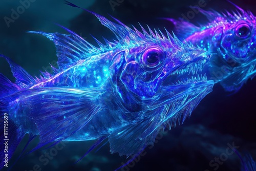 Angular fish with sharp, bioluminescent edges, their bodies shimmering in electric blue and violet hues. photo