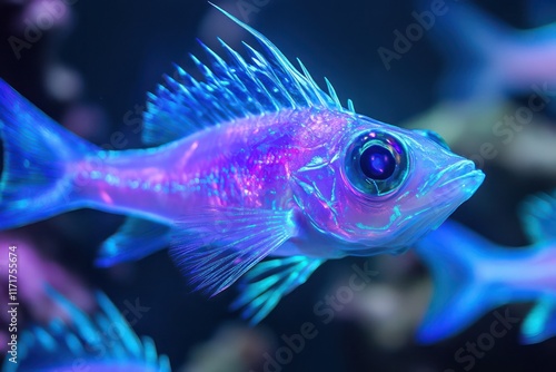 Angular fish with sharp, bioluminescent edges, their bodies shimmering in electric blue and violet hues. photo