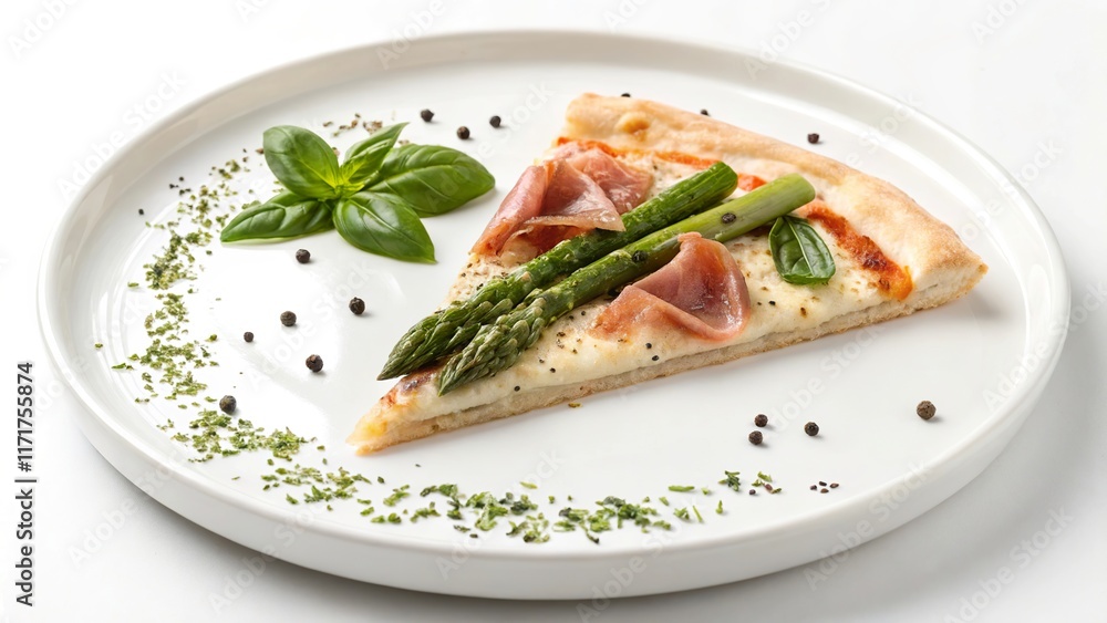 Minimalist pizza slice garnished with asparagus and basil on a pristine white plate Minimalist pizza slice garnished with asparagus and basil on a pristine white plate