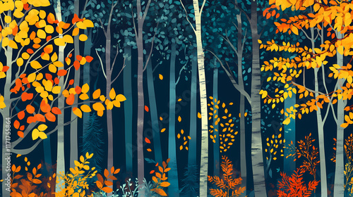 Autumn forest abstract flat illustration, golden fall deciduous and coniferous trees in park. Treetop. Illustration photo