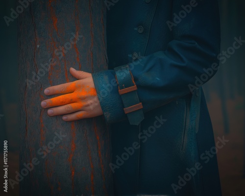 hand resting on tree trunk with vibrant orange paint in misty woodland moody lighting and quiet tension concept of conservation eco activism nature photo