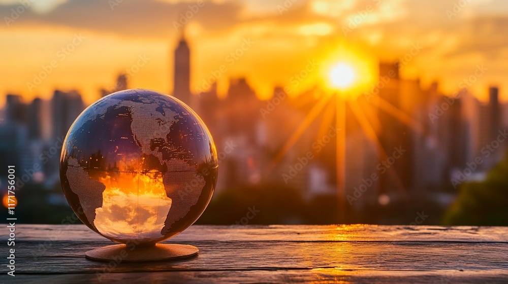 Glass globe with world map sits on wooden surface against a city skyline at sunset. Glass globe with world map sits on wooden surface against a city skyline at sunset.